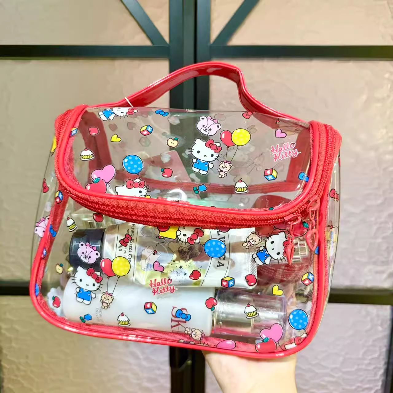 sanrio正版授权kitty大容量pvc透明化妆包 手提包 挂钩洗漱收纳包