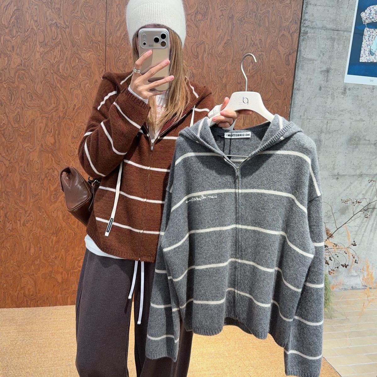 NO DIRECTION+2026春宽松连帽条纹针织开衫女2699dopdop买手店