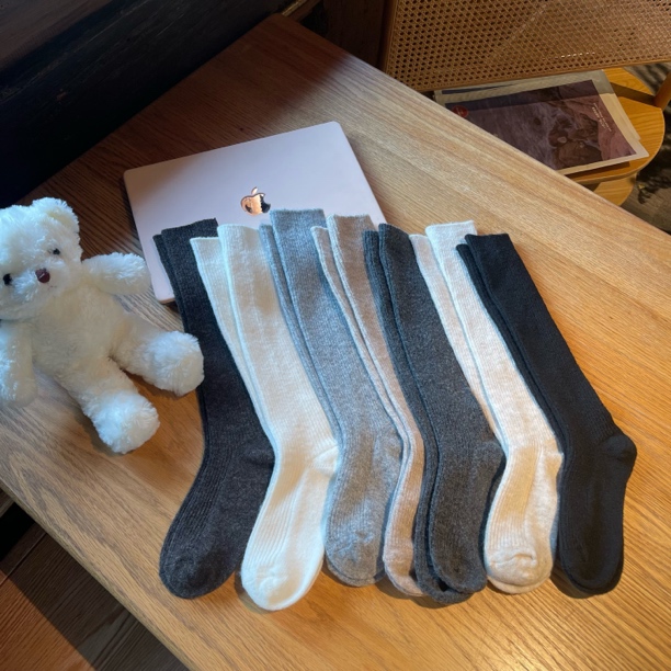 双针羊毛小腿袜女秋冬加绒高筒长袜JK纯色百搭袜子秋冬保暖女袜