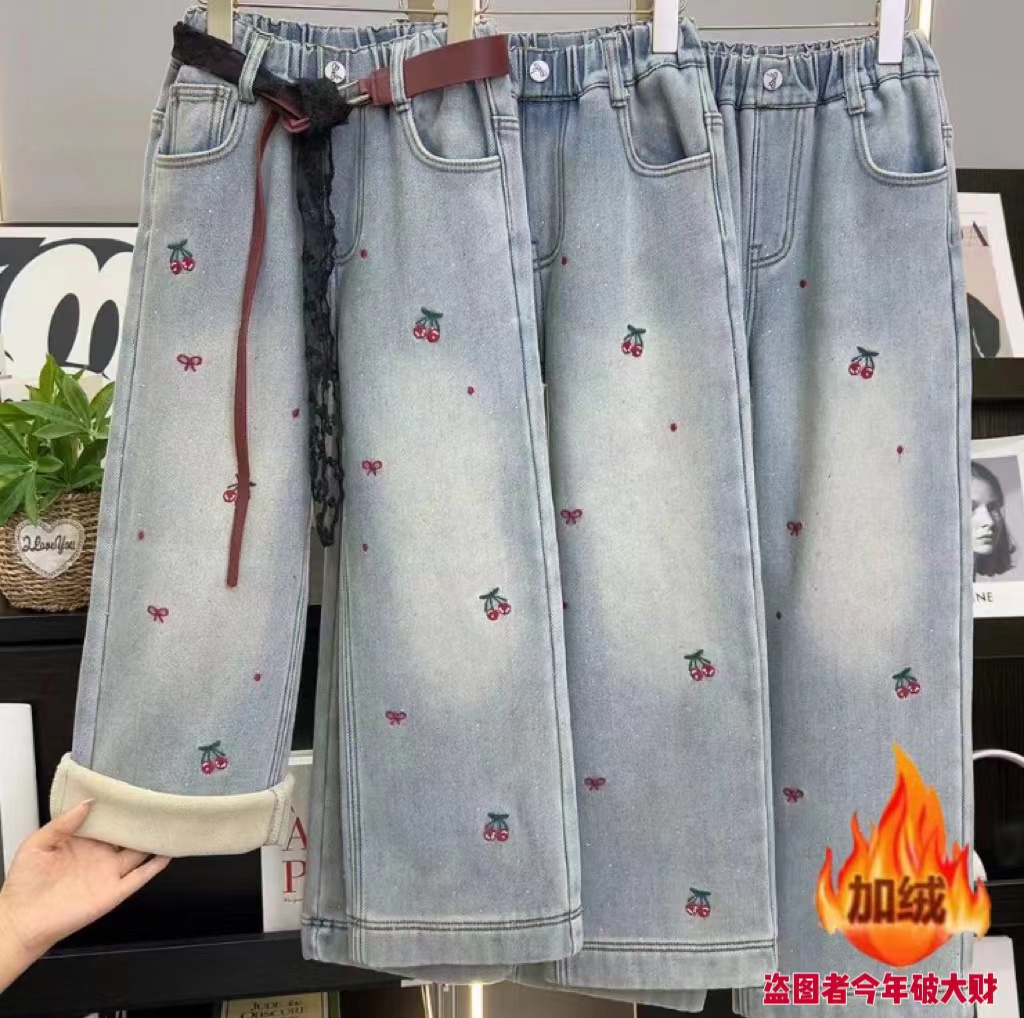 【加绒】甜美风~2025秋冬新款女童时髦水洗樱桃牛仔直筒休闲裤11061