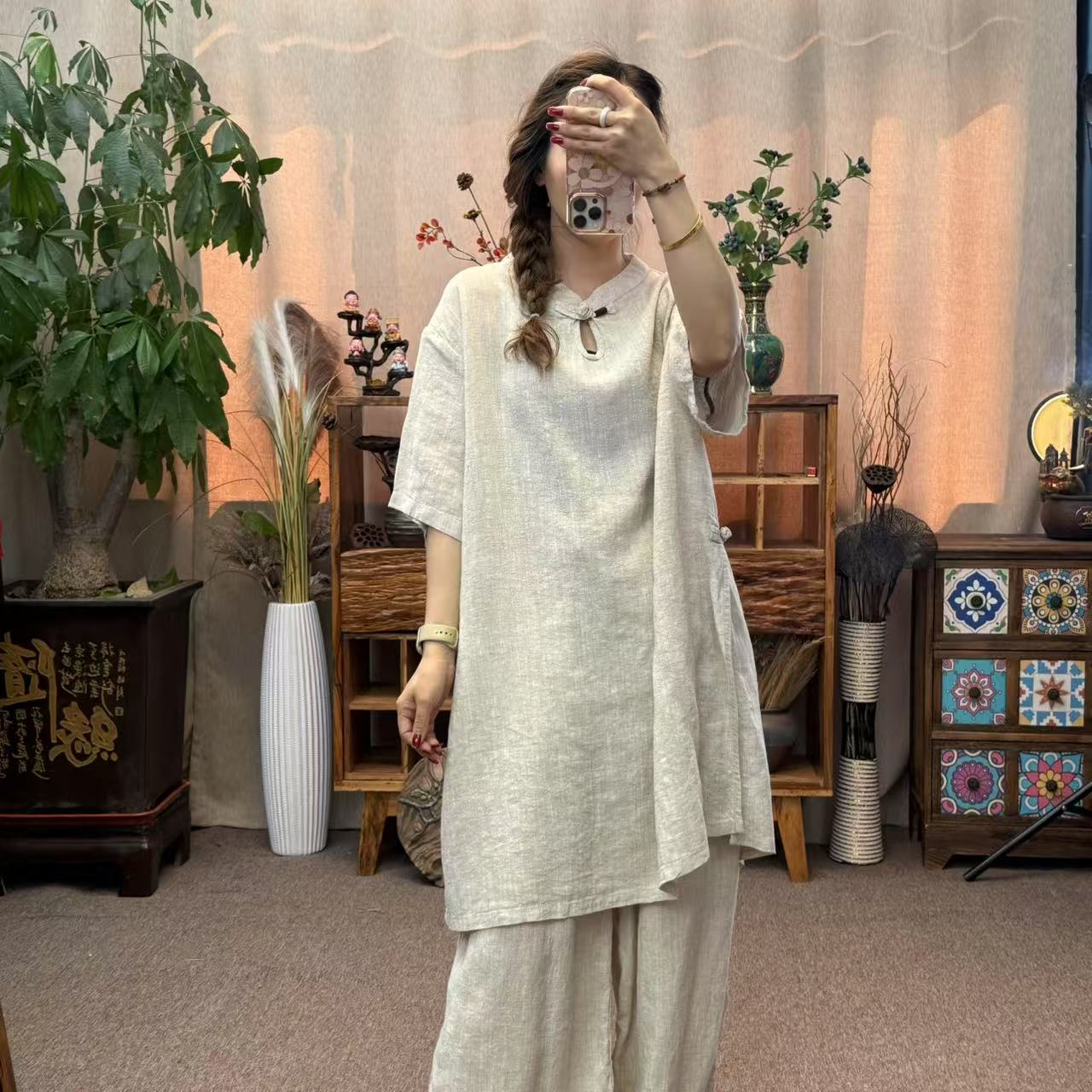 花璟与麻原创设计炒色做旧3粒盘扣设计茶服（衣长95胸围140）