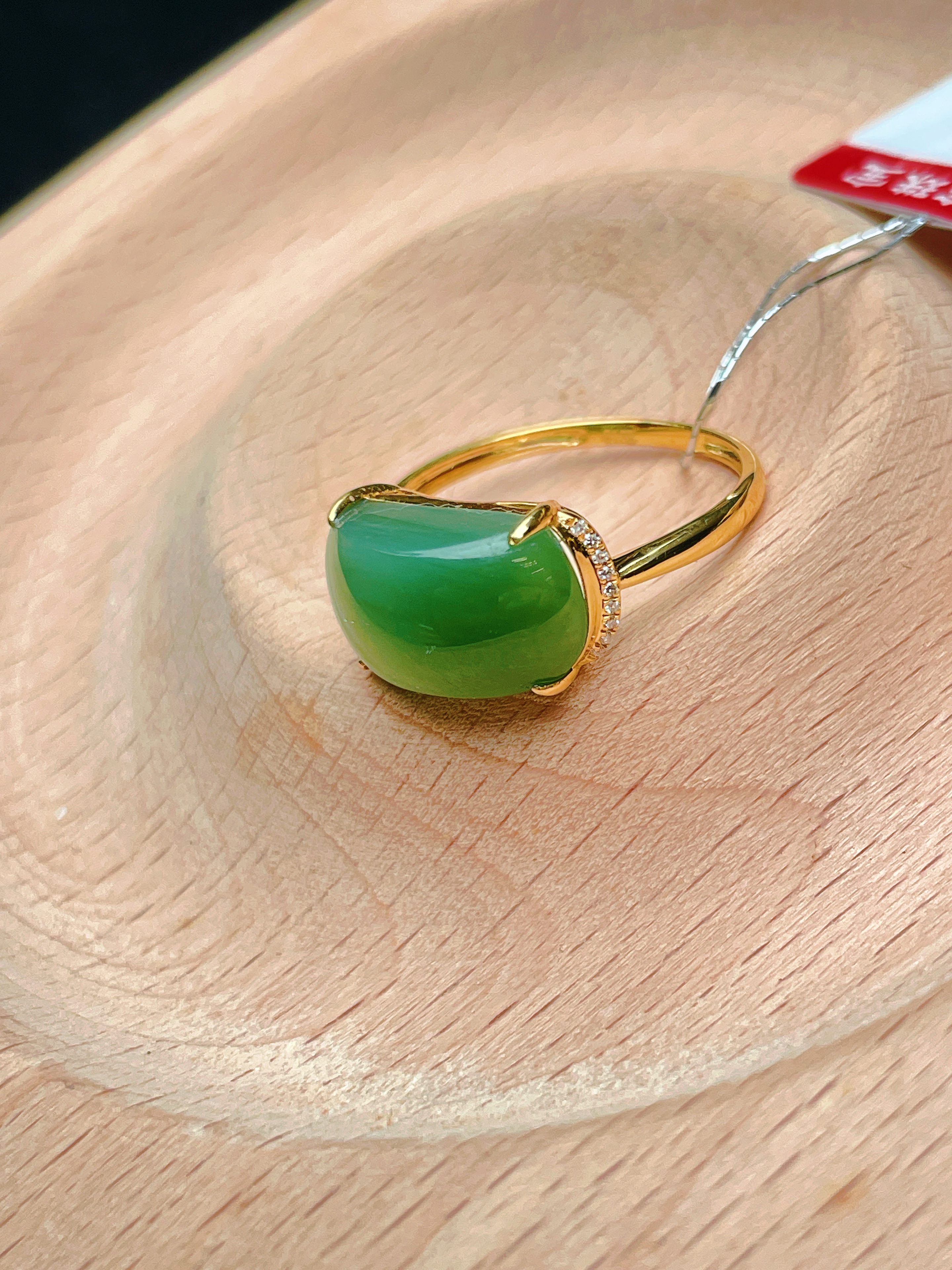 【石临珠宝】18k金和田玉俄料碧玉猫眼戒指/KBYJZ01