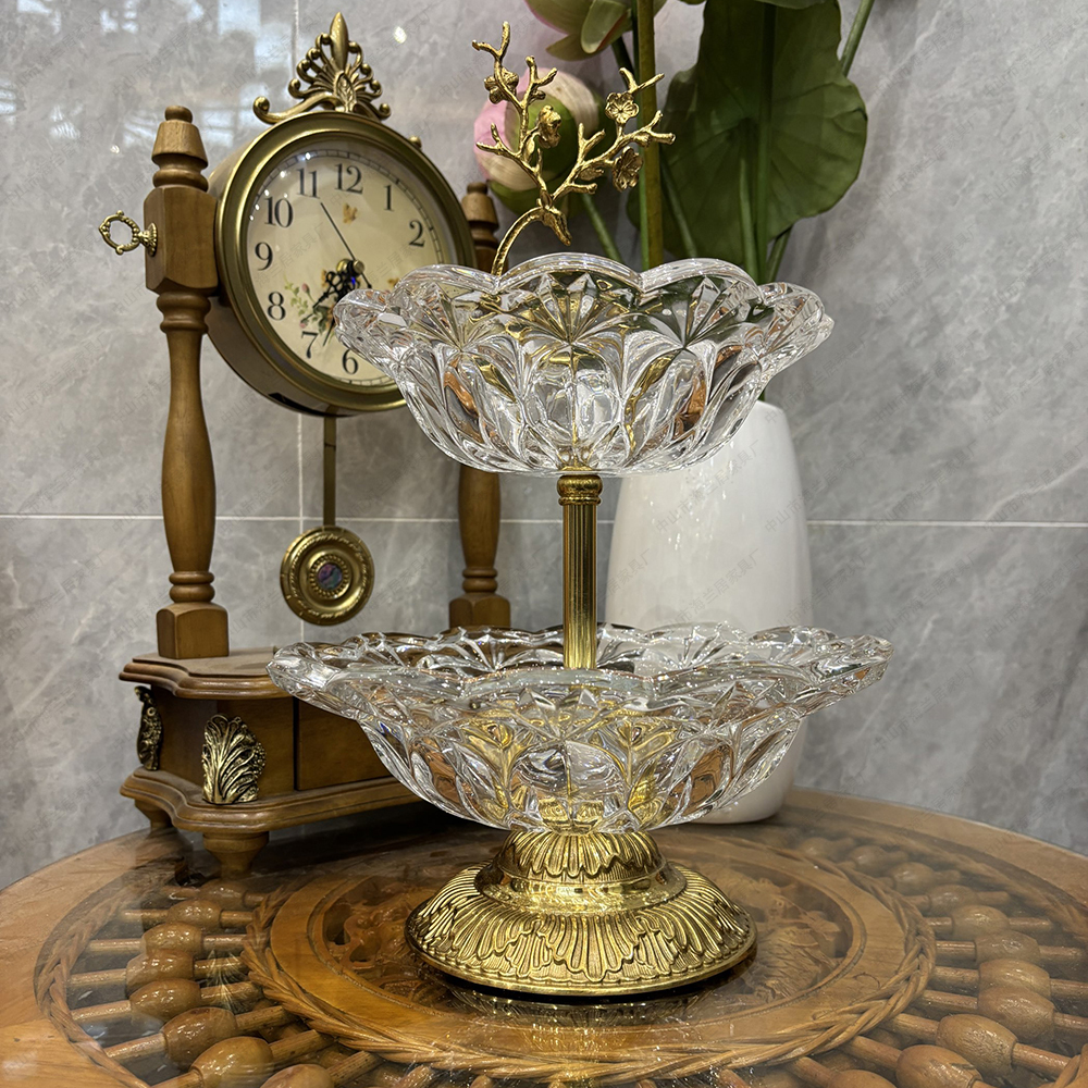 脱蜡黄铜梅花鹿双层法式白水晶玻璃黄铜水果托盘