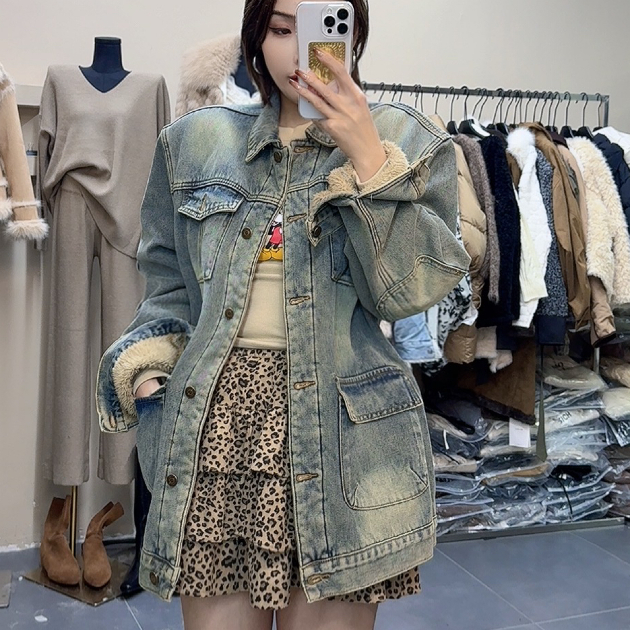 【FF】2025冬季新款时尚多口袋复古美式街头风怀旧加绒牛仔外套