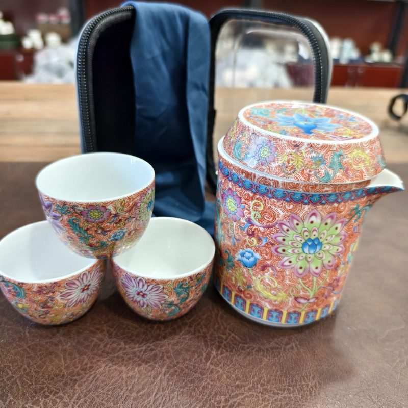 一鸣 一壶三杯旅行茶具（珐琅彩粉）-透明包H305
