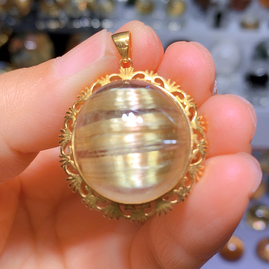 水晶吊坠银S925镀金镶嵌天然水晶