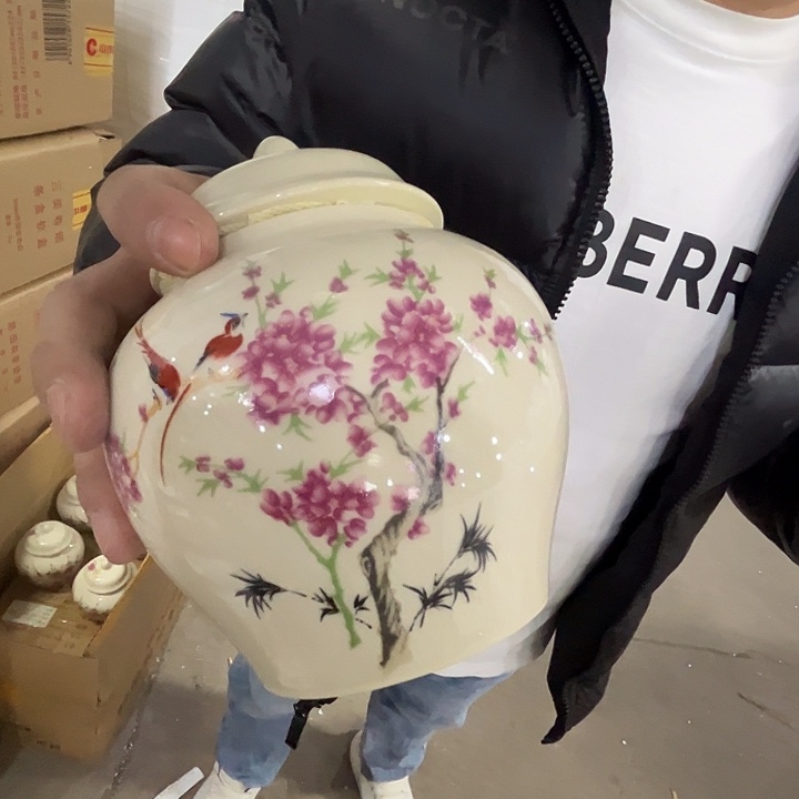 瓷片景德镇陶瓷黄嘻嘻水点桃花茶叶罐