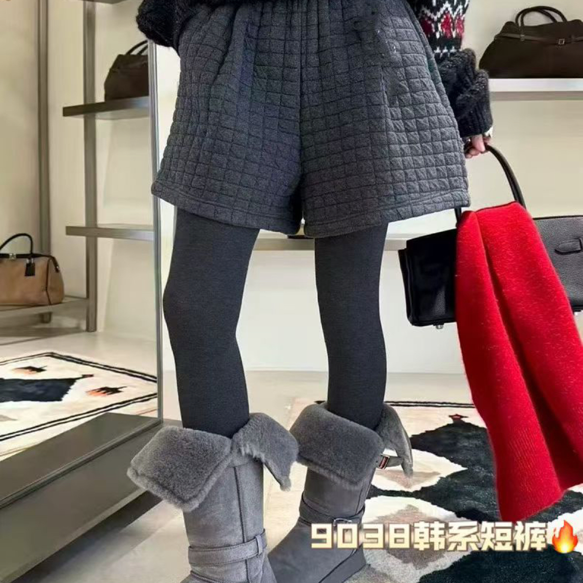 灰色夹棉冬季宽松百搭A字版女士冬季新款休闲短裤