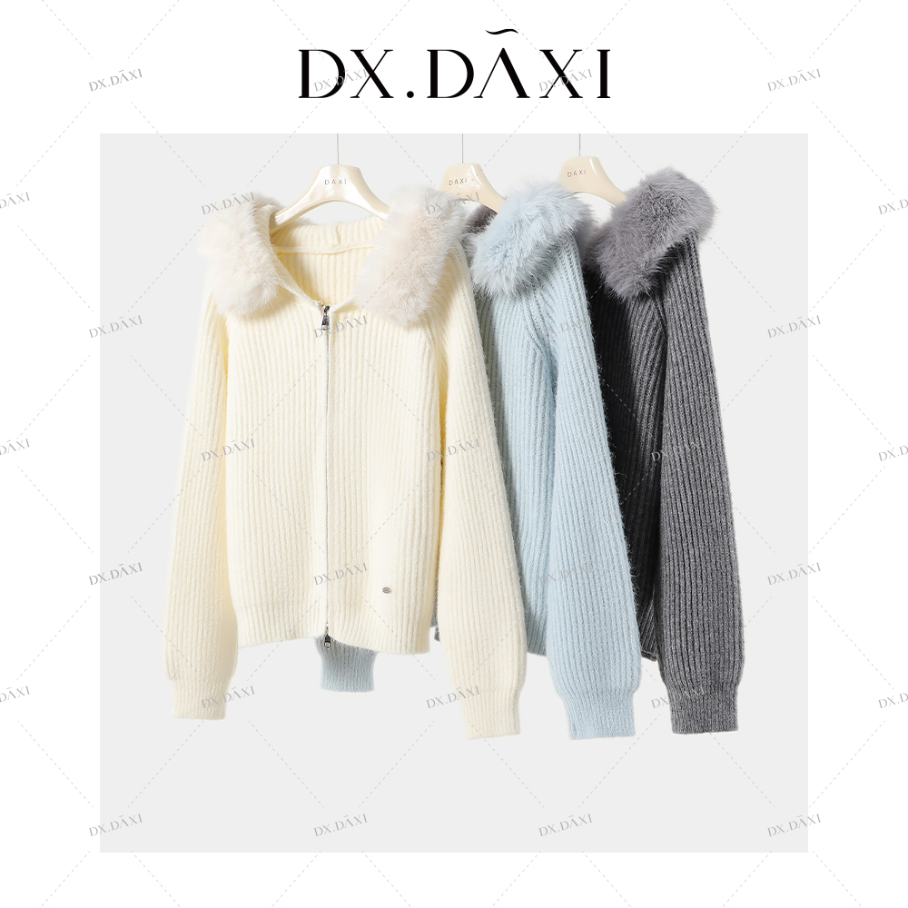 DX.DAXI【多巴胺天才】毛领加厚毛衣外套女秋冬季新款开衫气质上衣