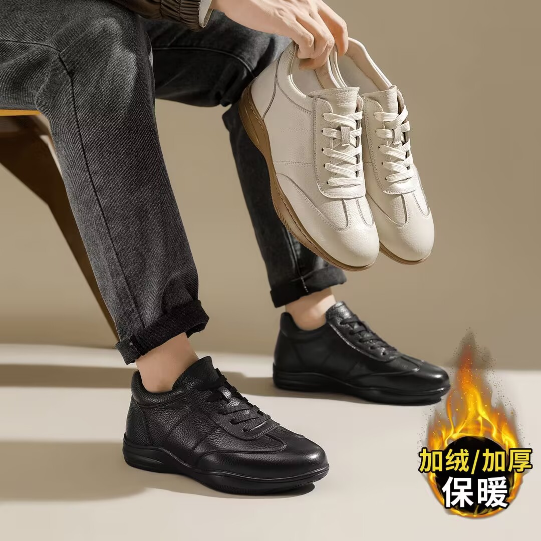 男鞋头层牛皮软底软面加绒板鞋秋冬男小白鞋加厚羊羔绒牛筋底皮鞋