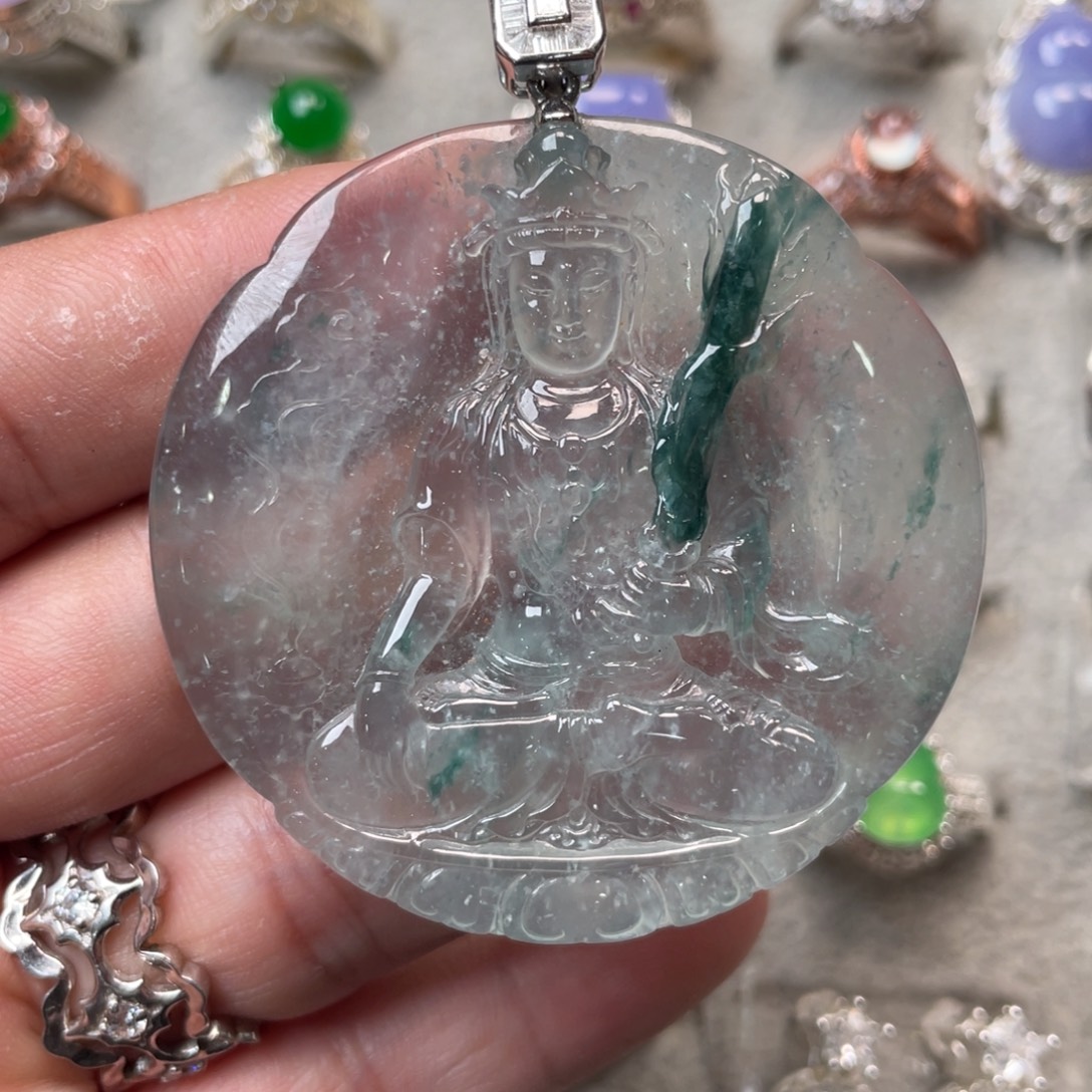 翡翠裸石高冰起光雪花棉飘花观音18K金扣