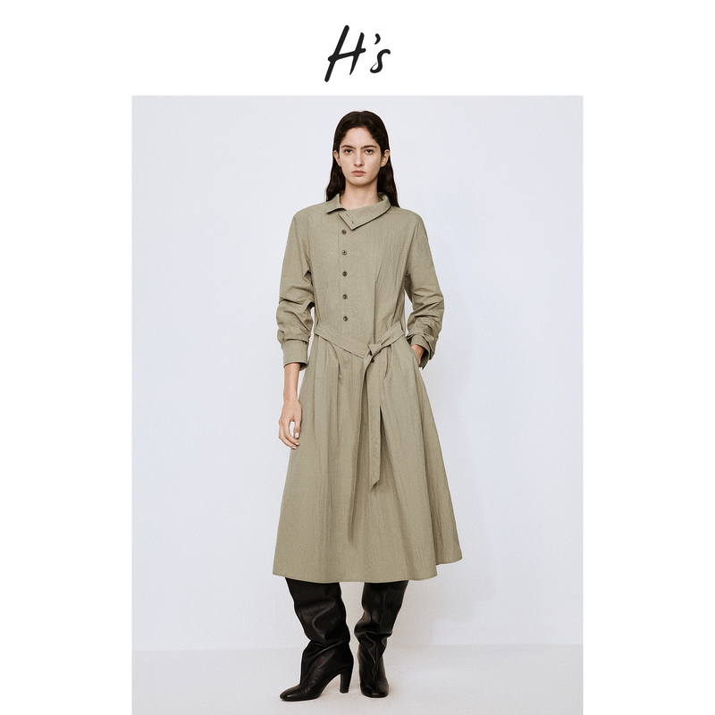 【秋上新】H'S斜翻立领衬衫连衣裙女25秋新款公尺感不规则连身长裙