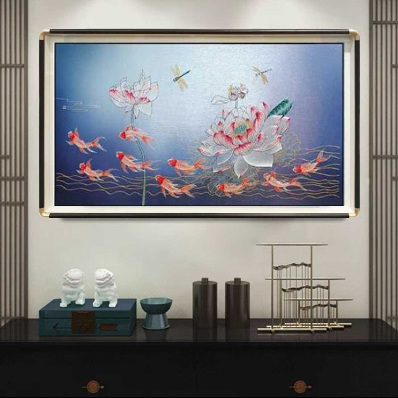 高档织锦绣客厅装饰画荷花锦鲤图新中式餐厅卧室床头挂画刺绣壁画