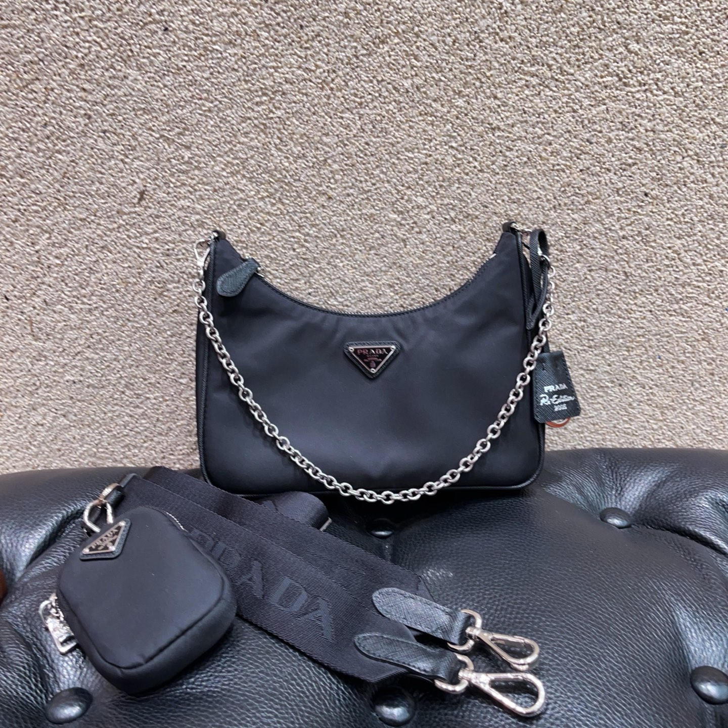 99新 Prada/普拉达 黑色银扣尼龙mini hobo三合一单肩斜挎包