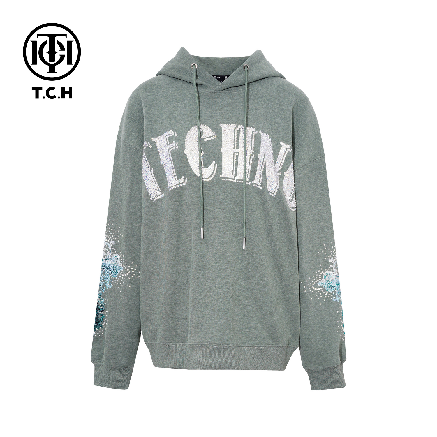 TCH潮酷街头风字母烫钻宽松休闲情侣款连帽卫衣T78A126003私服tch