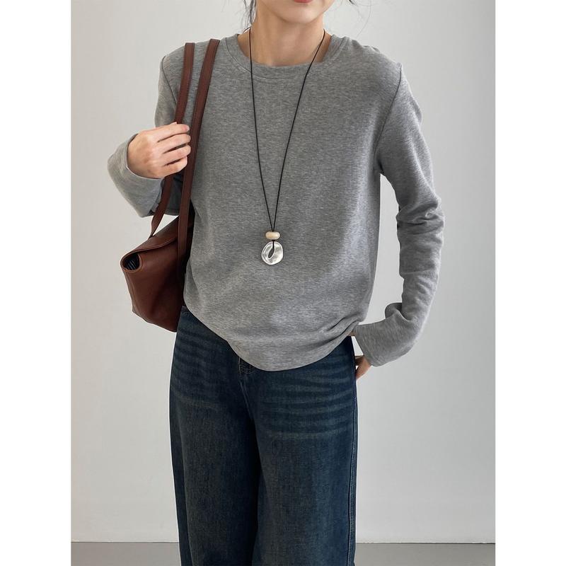 韩系圆领纯色后背扣子设计感长袖T恤女百搭显瘦打底衫E3296