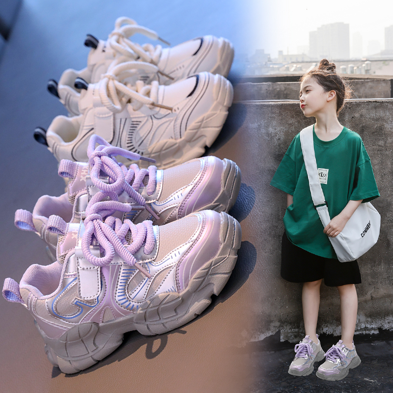 儿童2025秋季新款软底防滑运动鞋皮面拼接男女童老爹鞋3360