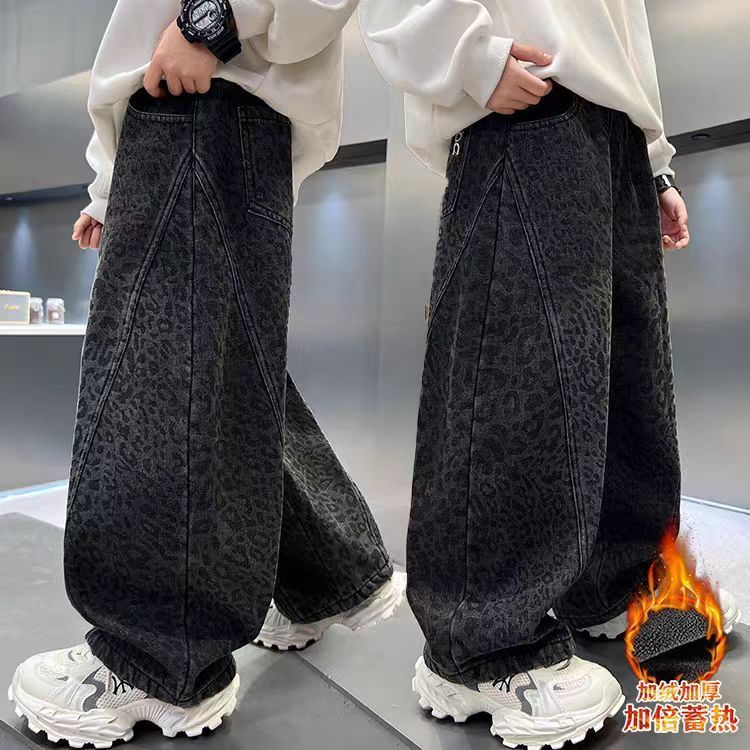 男童加绒裤子2025冬季新款中大童休闲风保暖一体绒宽松直筒牛仔裤