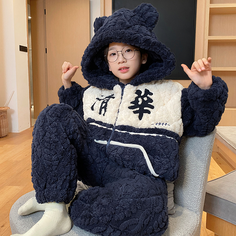 三昌男童睡衣秋冬季三层夹棉加厚珊瑚绒儿童青少年家居服套装