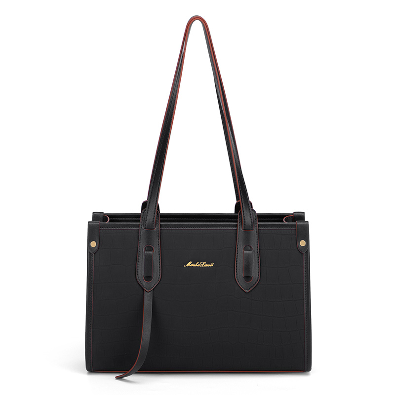 牛皮黑色鳄鱼纹质感红边点缀金色标识简约手提托特包2720