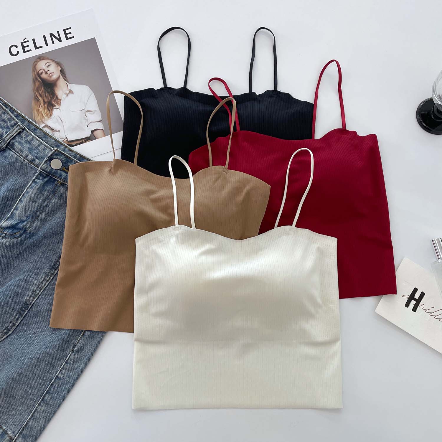 夏季新款简约百搭冰丝美背吊带背心女一体式胸垫显瘦外穿辣妹上衣