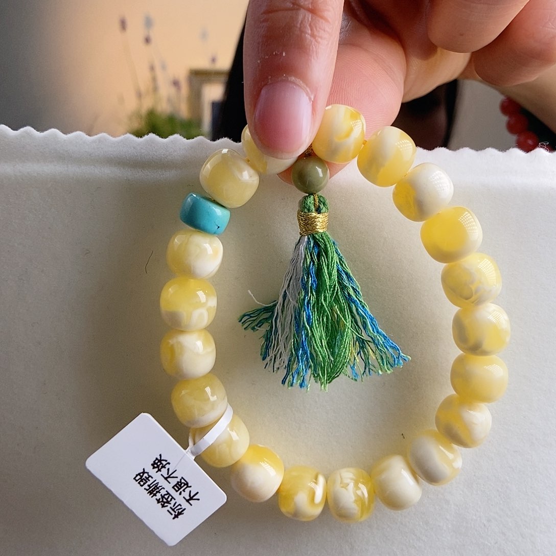 蜜蜡手链未镶嵌精工金瓷白老型珠手链