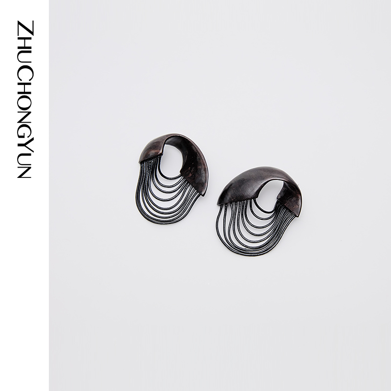 不锈钢木质耳饰 ZHUCHONGYUN2025冬几何线条乌木耳环C2FZ4005E