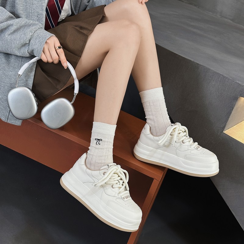 鞋佰度XIEBAIDU厚底小白鞋2025新款百搭休闲女鞋圆头系带时尚单鞋
