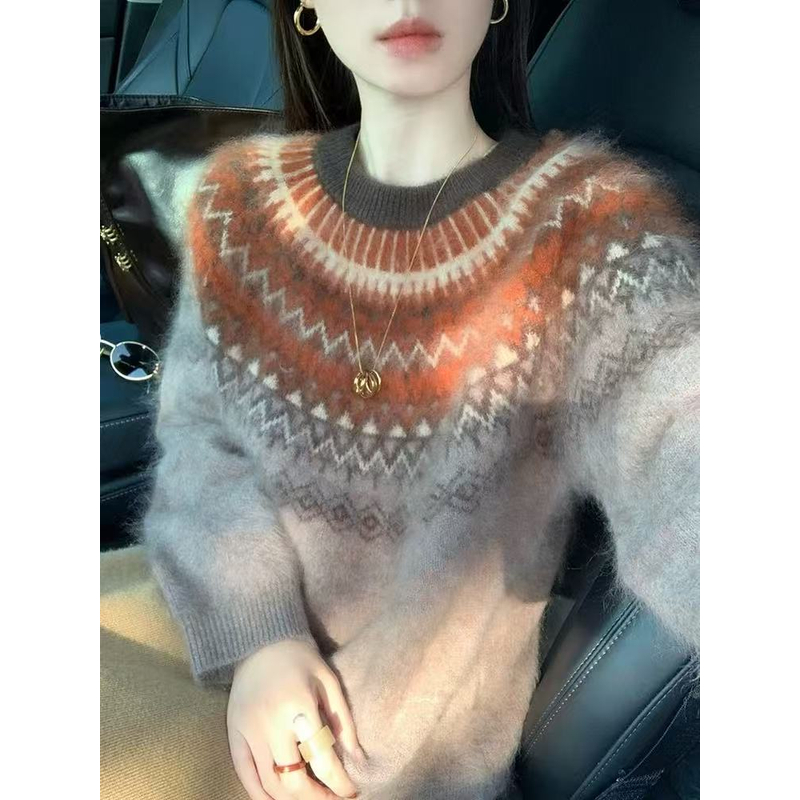 圆领费尔岛~100纯羊毛《衣长60胸围56》拉绒工艺毛衣FF47