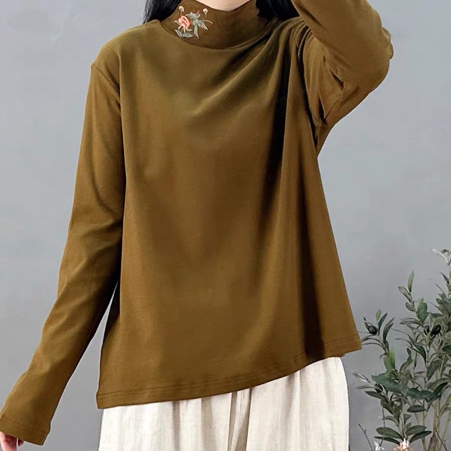 复古半高领刺绣上衣文艺宽松大码显瘦长袖T恤