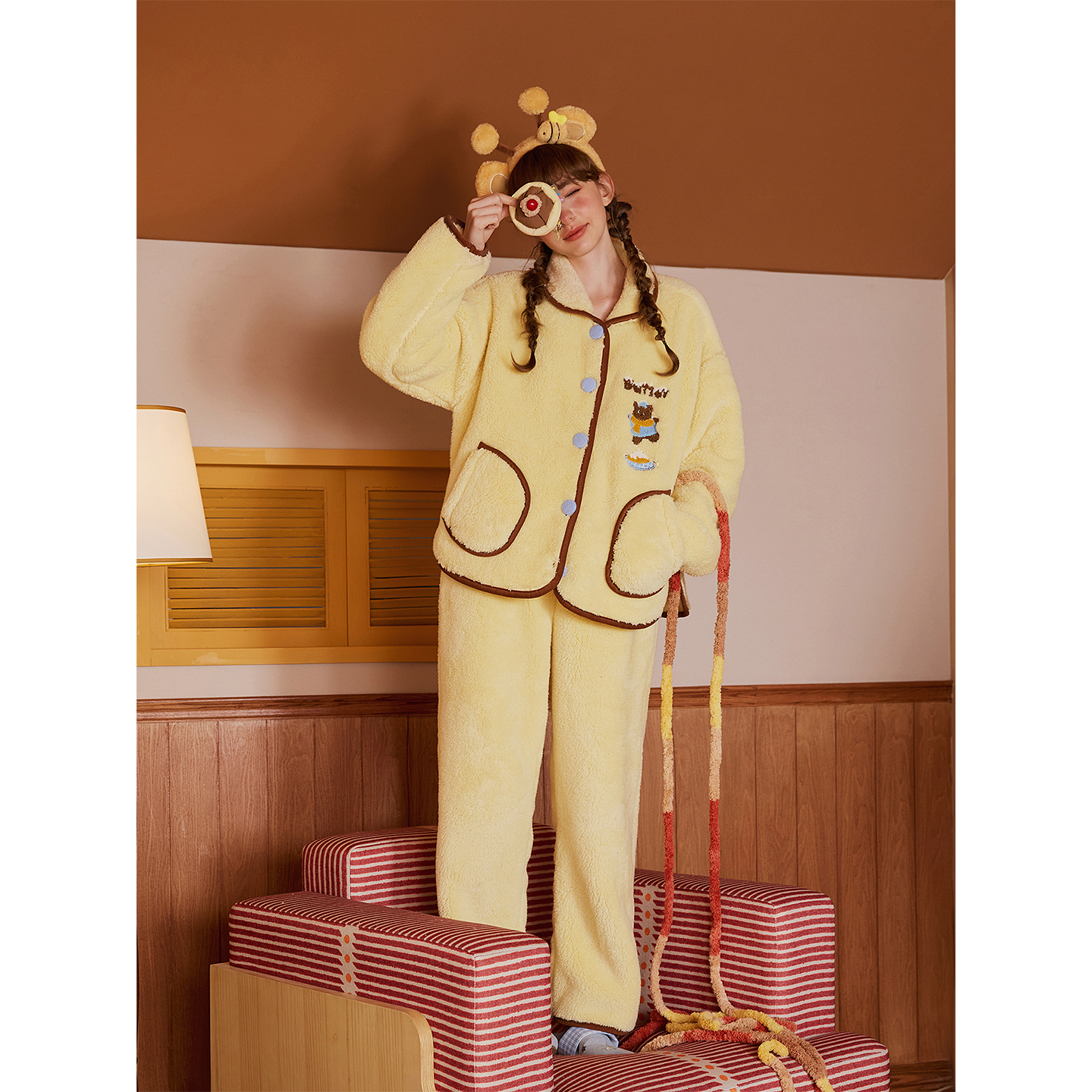 PJOCLOCK睡时记睡衣女冬款珊瑚绒可爱卡通加绒加厚可外穿家居服