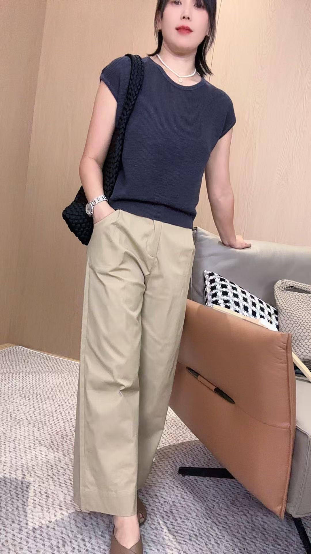 夏季凉爽休闲显瘦百搭透气驼色萝卜裤 A8774