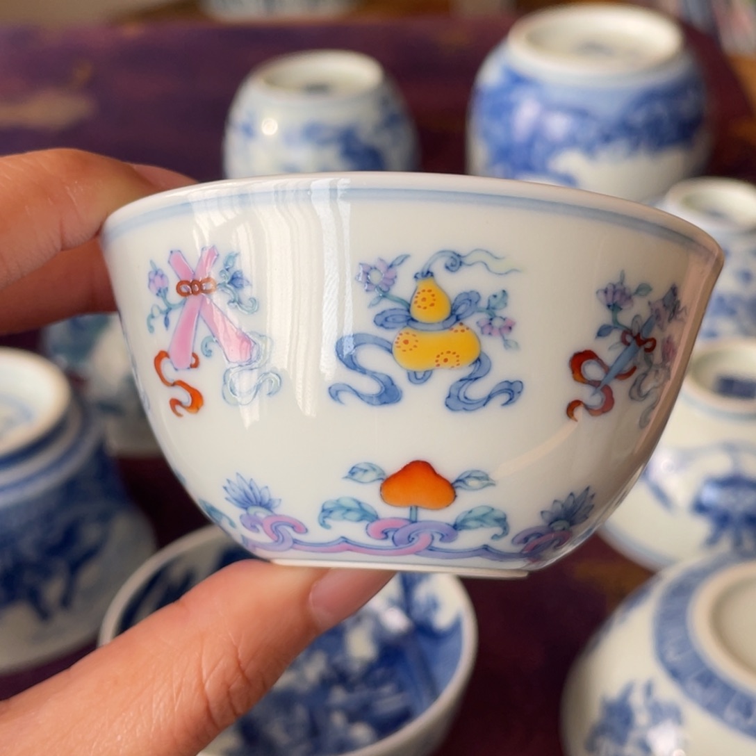 摆件陶望玉斗彩暗八仙卧足缸杯