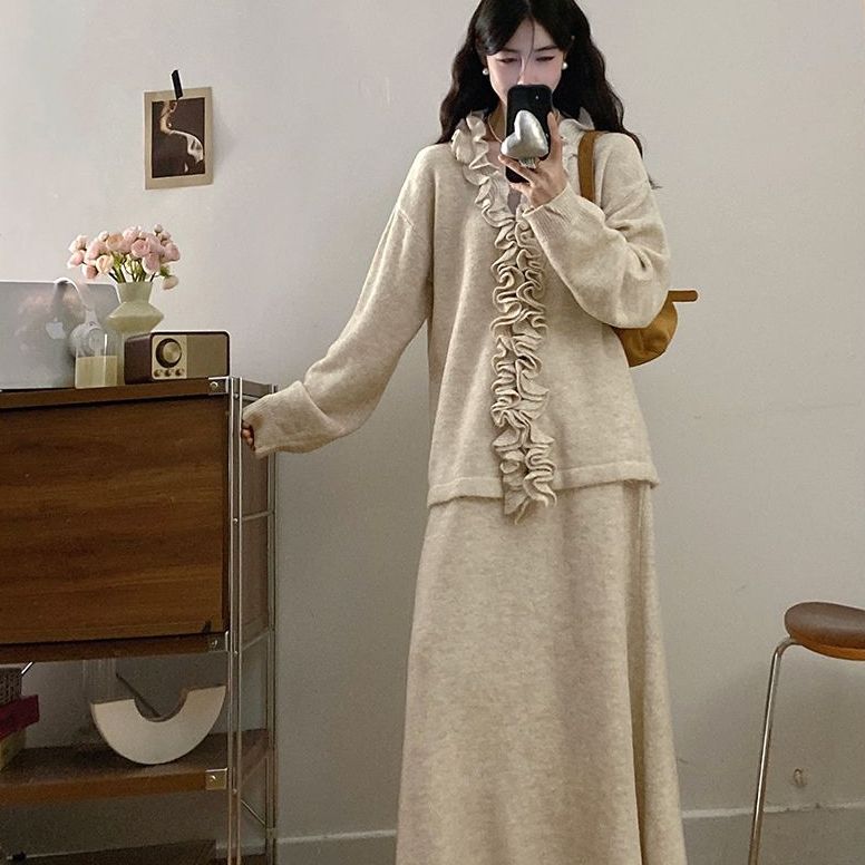 包包专属大码秋季新款温柔宽松慵懒风毛衣开衫+半裙套装9122