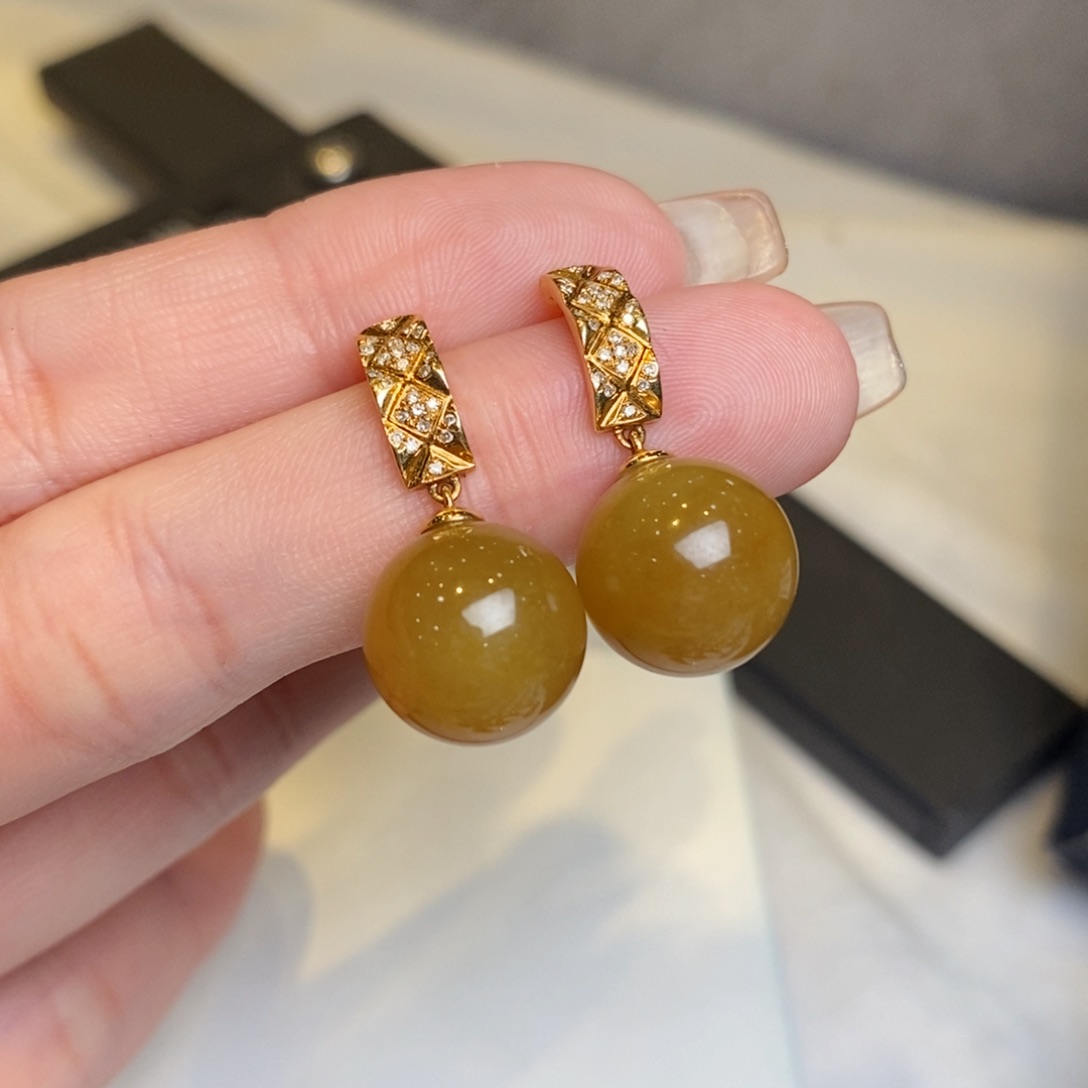 翡翠耳饰18K金镶嵌黄翡珠珠