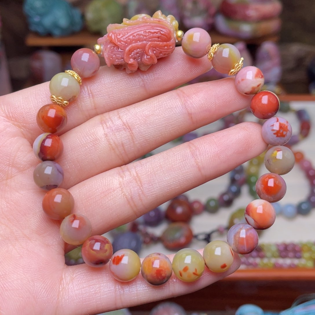 玛瑙/玉髓珠宝半成品合金盐源玛瑙油画风包浆手串