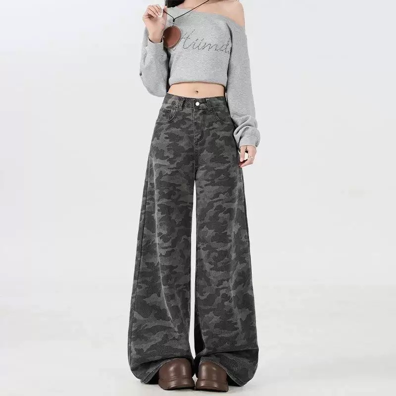 女高腰牛仔裤高腰显腿长裤子扎染拖地裤美式休闲