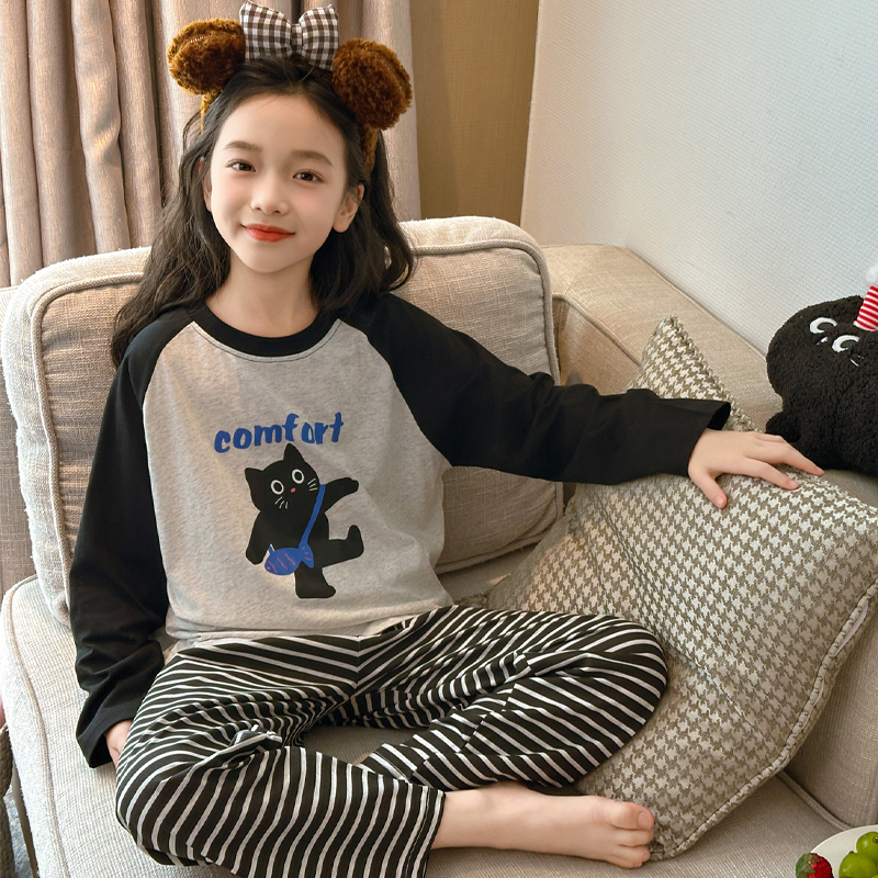 儿童睡衣女童长袖纯棉春秋休闲宝宝薄款女孩中大童卡通家居服套装
