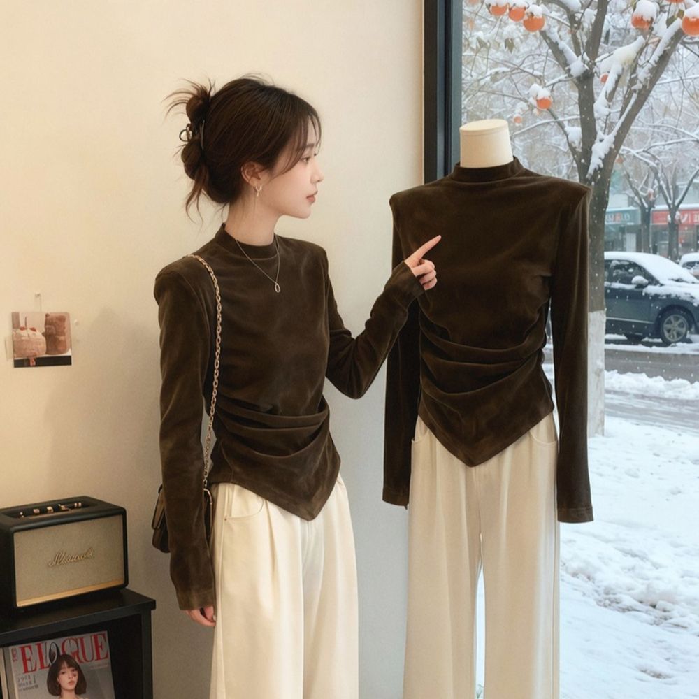 韩系chic洋气减龄高级感超好看上衣咖色打底长袖丝绒T恤女秋冬新