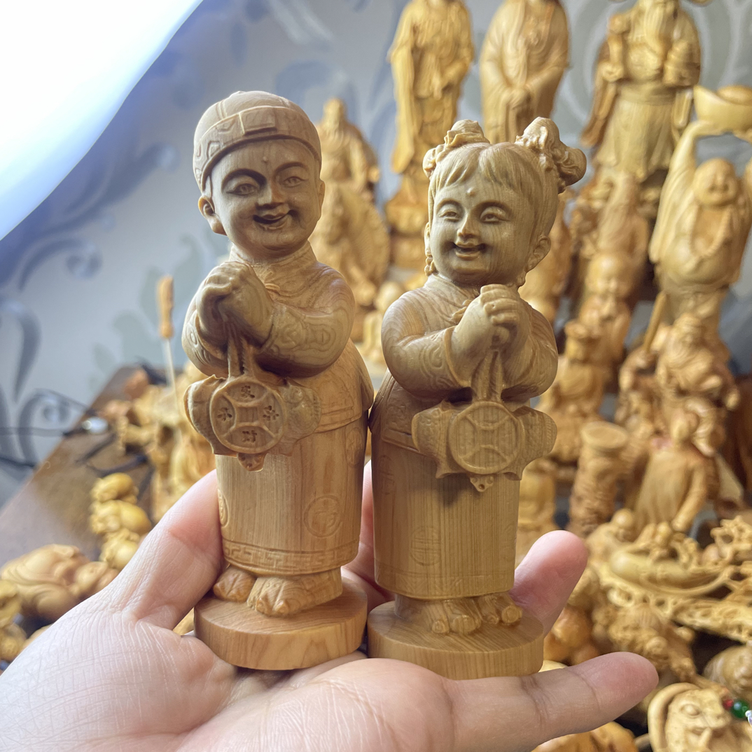 崖柏木雕金童玉女工艺品善财童子龙女童男童女家居客厅办公室摆件