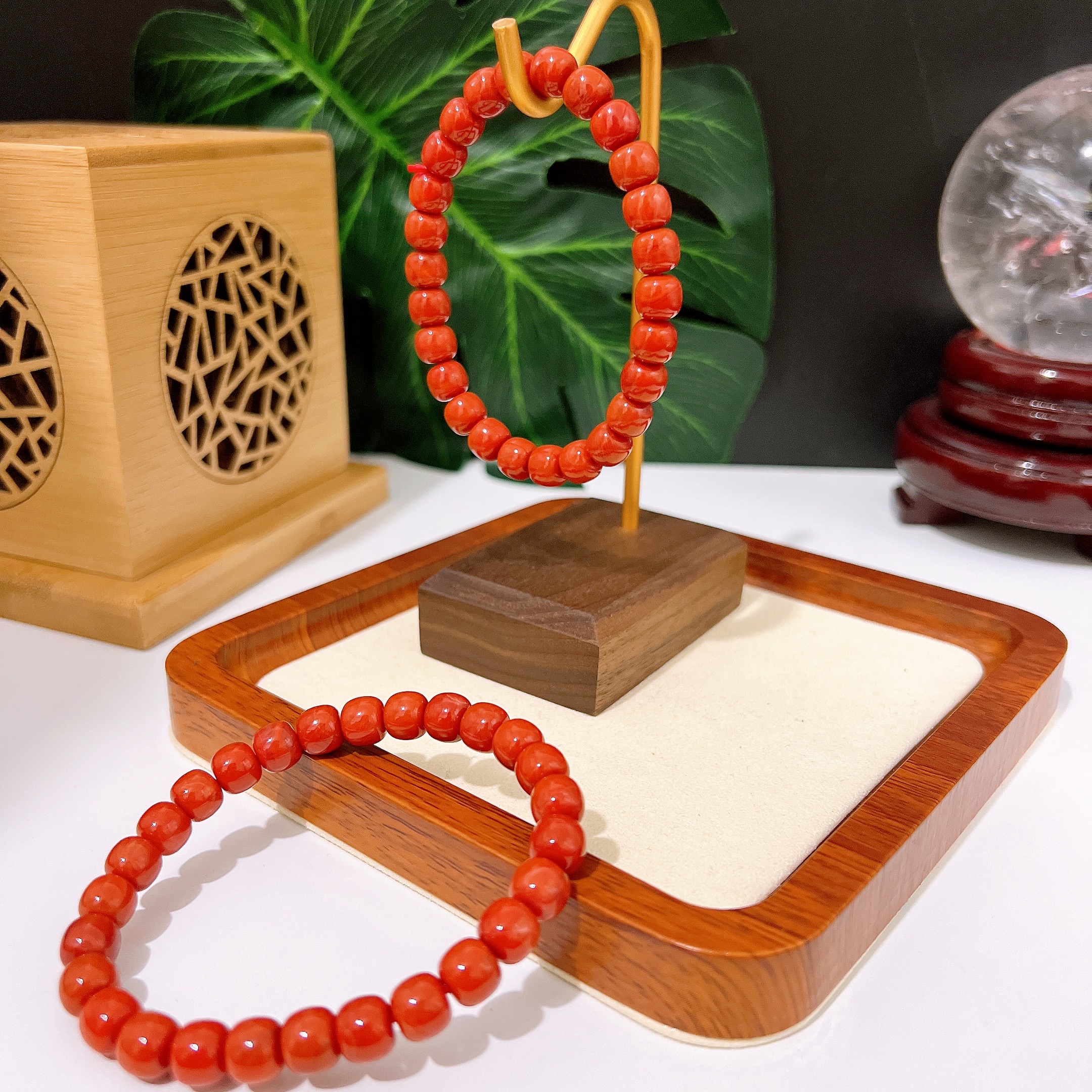 s676 天然南红老型珠单圈手串川料柿子红8mm  多样性发一件