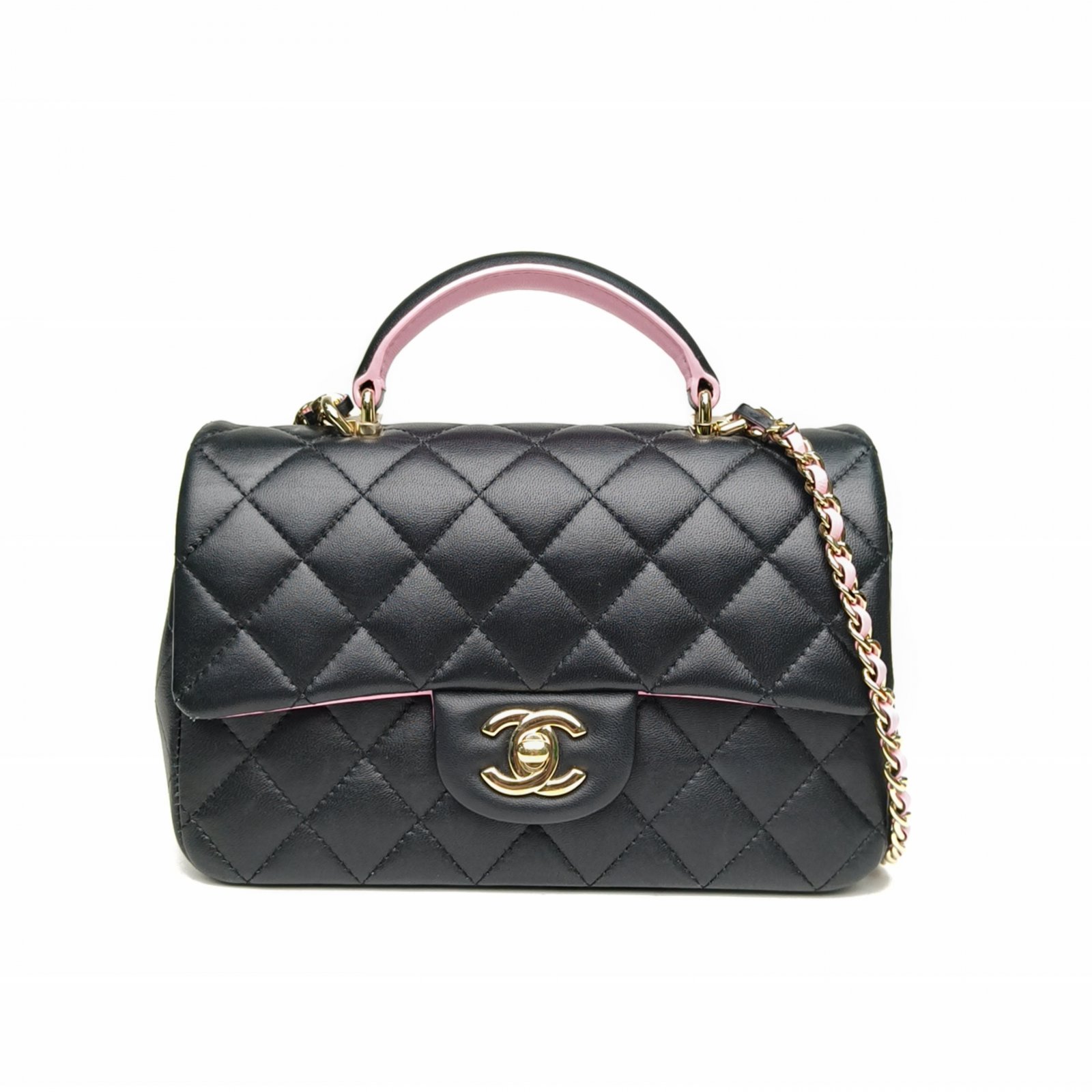 99新 Chanel/香奈儿 双攀-CF口盖包 手柄大Mini 黑 皮革 芯片 