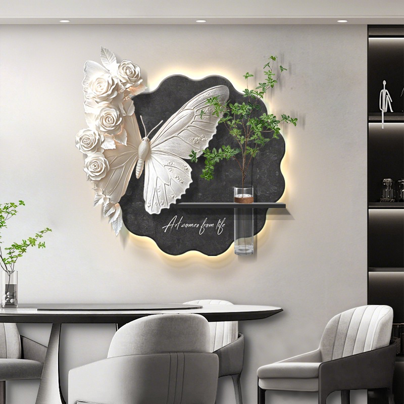 水培绿植餐厅装饰画轻奢高级感蝴蝶精雕壁画饭厅背景墙挂画发光画