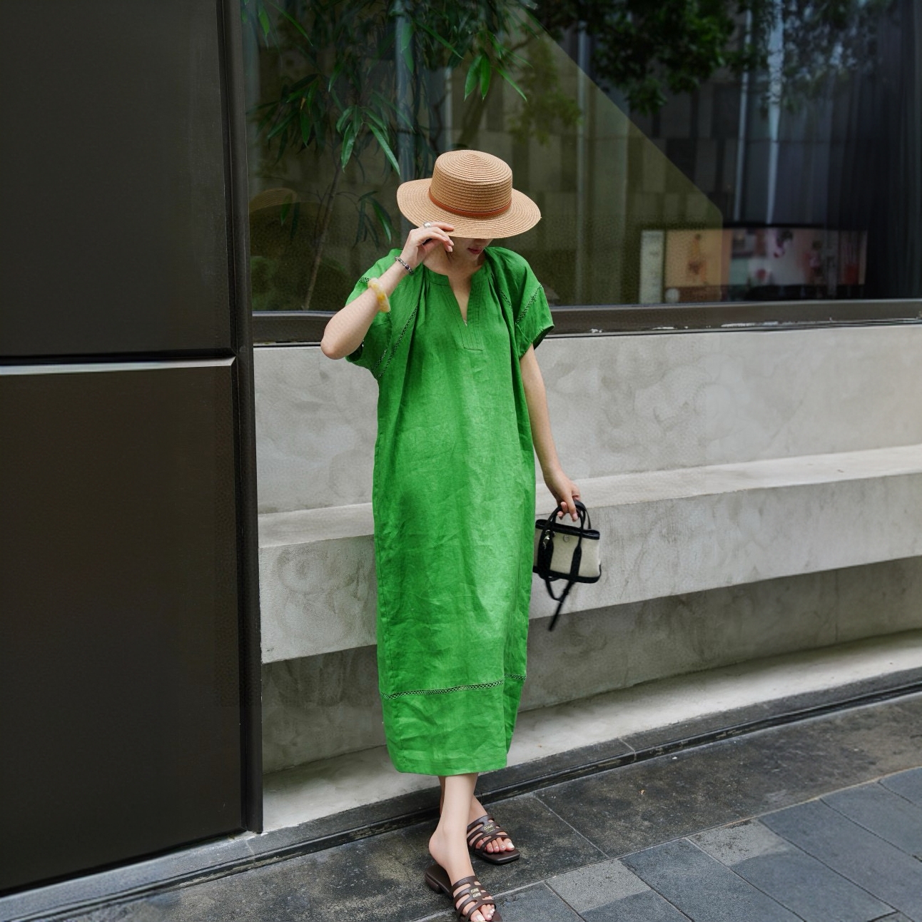 【慵懒假日】100%亚麻夏法式度假风灯笼袖连衣裙宽松慵懒V领肥婆装