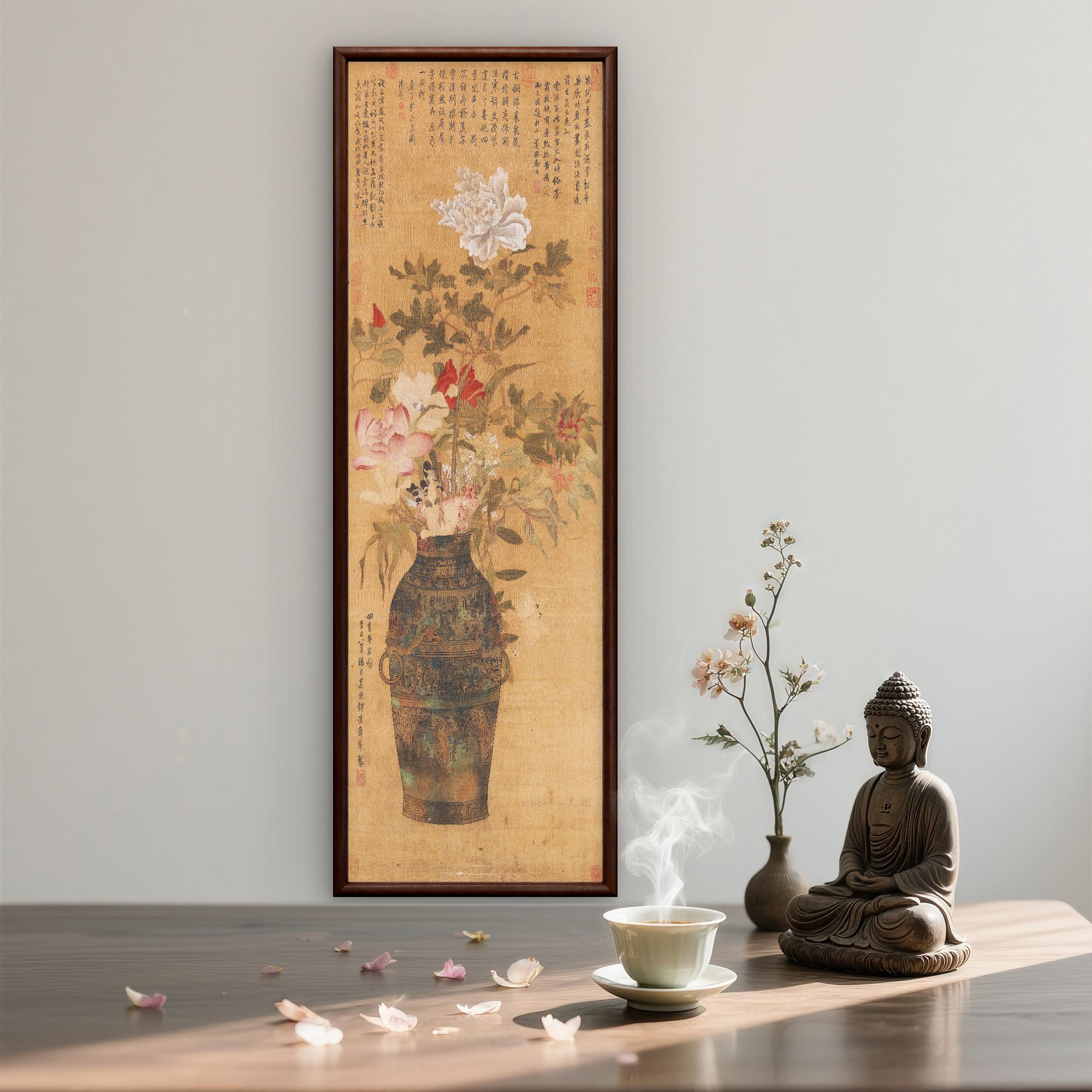 9283-40*120四季平安图轴中式装饰画实木玄关书房
