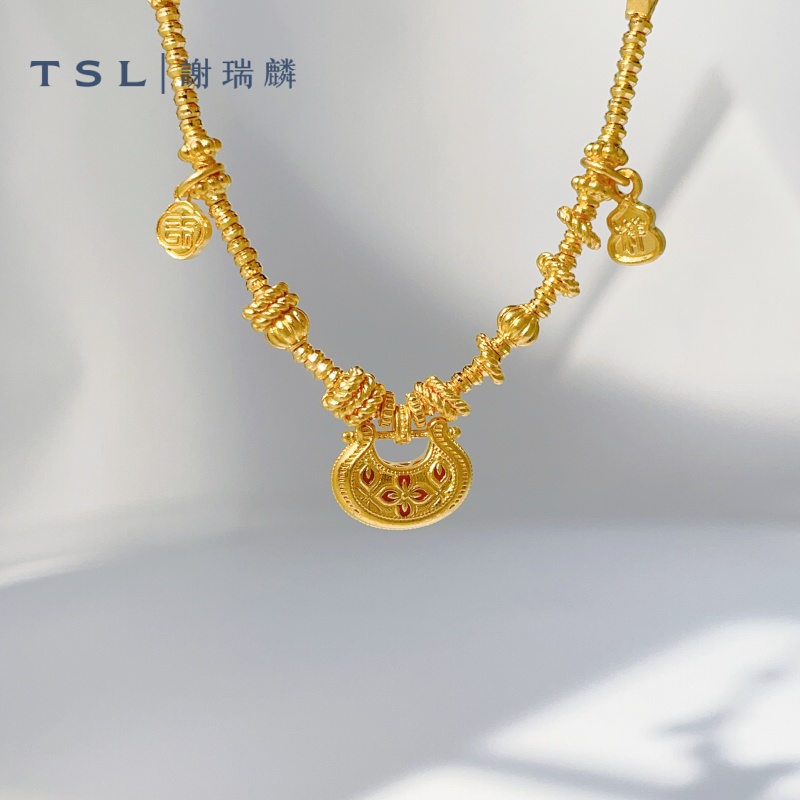 TSL/谢瑞麟计价足金999古法吉祥花珐琅花丝锁包手链2025新款