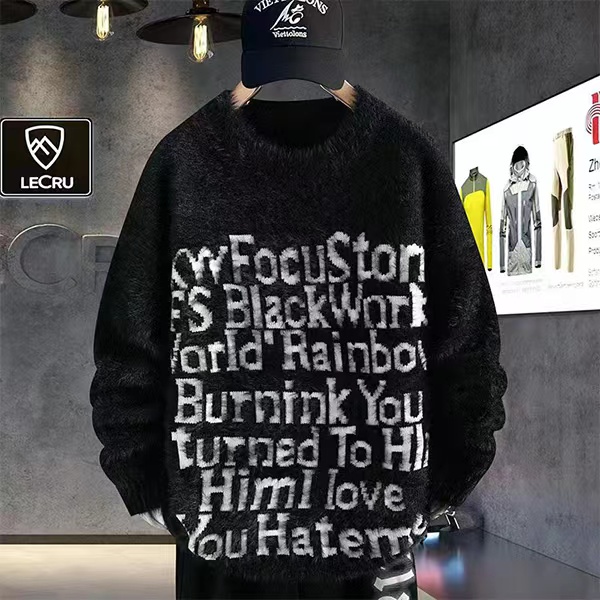 2025新款学生秋冬男士高弹力圆领潮流宽松时尚字母花内搭外穿毛衣