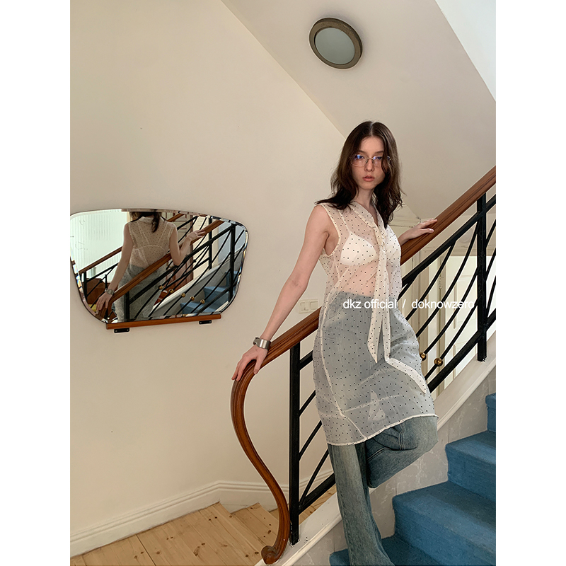 DKZ 白色波点薄款背心裙女夏季新款宽松中长款开衫