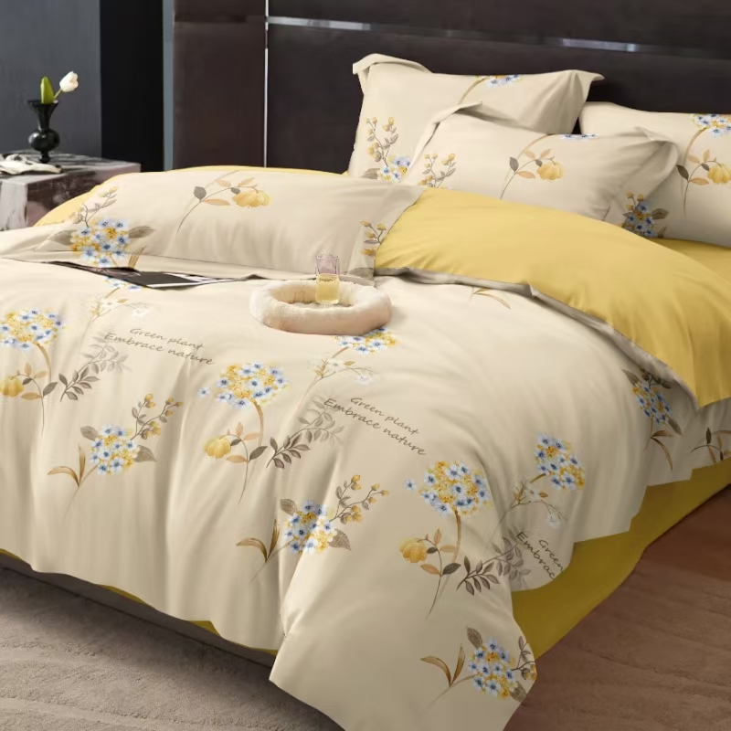 100%斜纹纯棉轻奢亲肤四件套床单被套高支高密印花简约