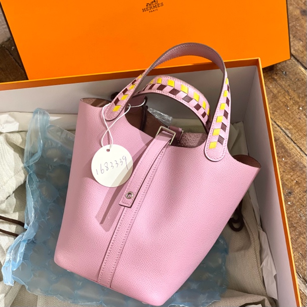 95新 Hermes/爱马仕 锦葵紫限量编织手柄菜篮子手提包/1683339